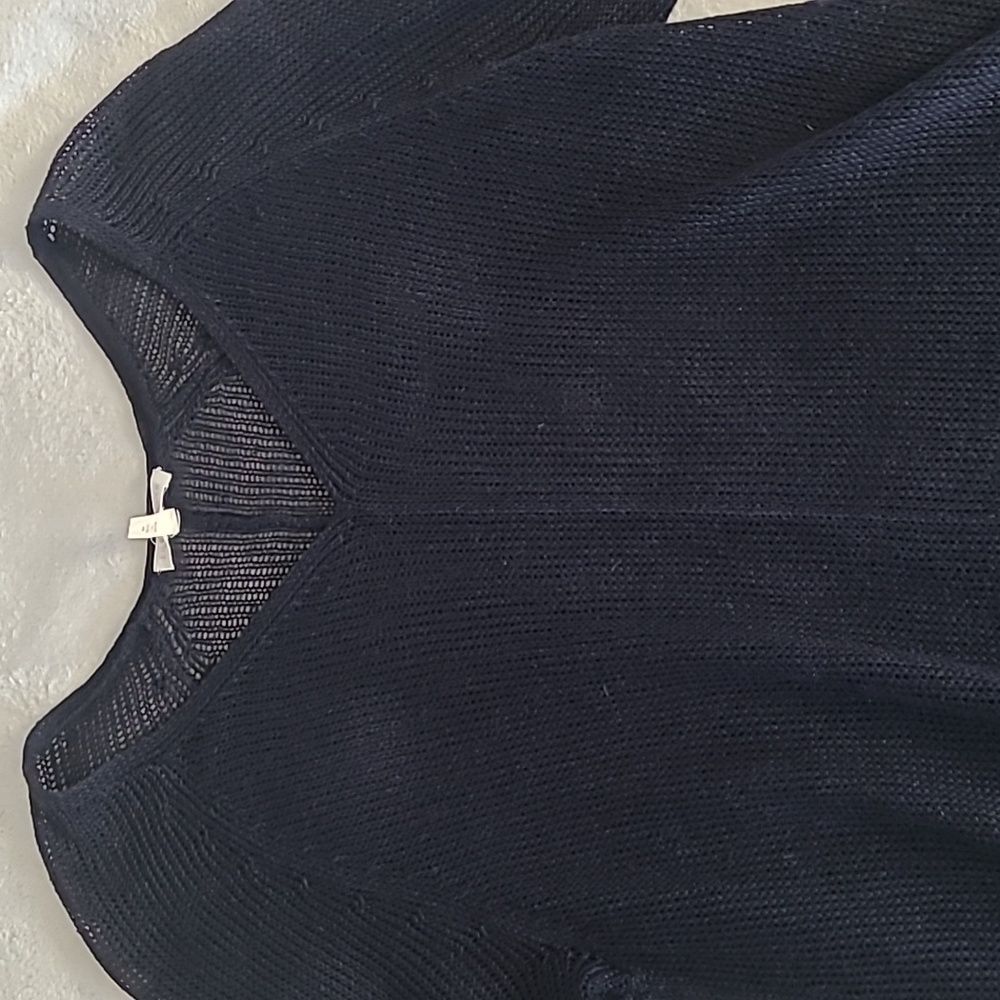 Eileen Fisher Linen Open Knit Sweater Tunic Top Navy Blue Large Minimalist Boho - Picture 4 of 13